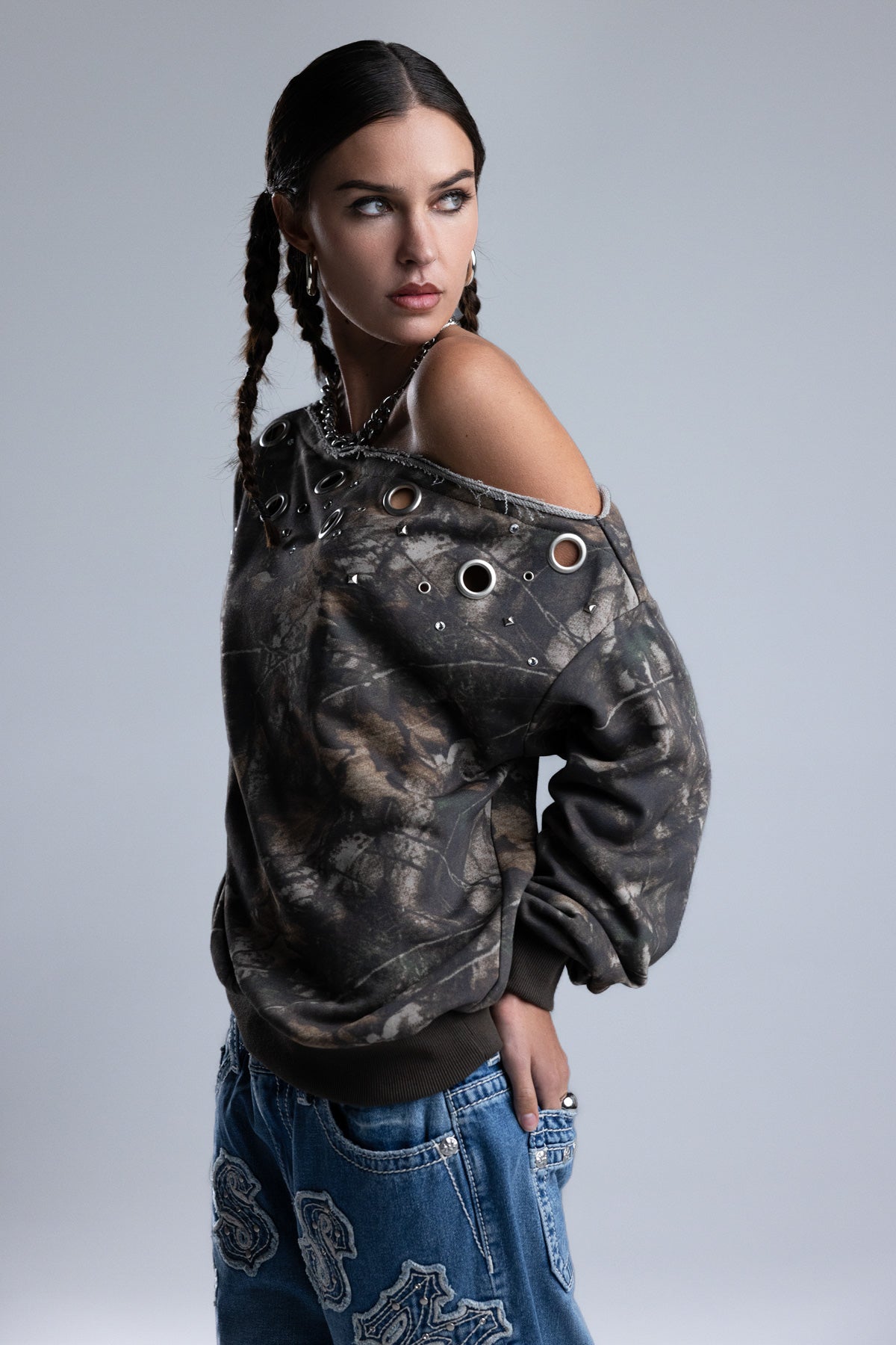 Charlene Camo One-Shoulder Top